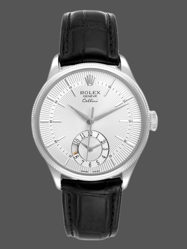 08F7E77D-1C32-096E-5825-FDEB277B2552 Rolex Cellini Dual Time 50529 Silver Sunburst Dial Black Leather Strap 39mm Mens Replica Watch - Image 1