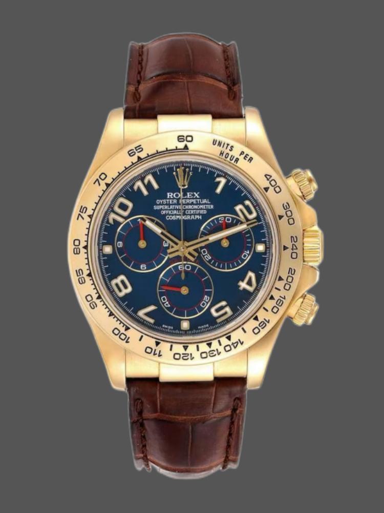 0A703835-F6FB-D861-B46C-DDD4FE26837C Rolex Cosmograph Daytona 116518 Yellow Gold Blue Dial 40mm Mens Replica Watch - Image 1