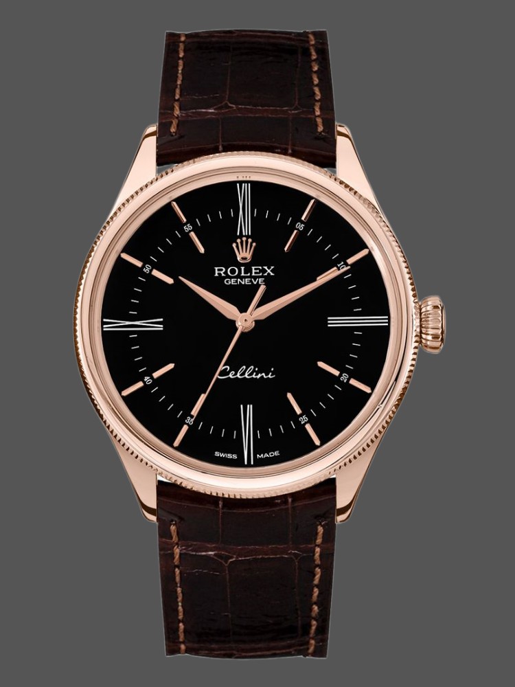 0B6F26FA-C578-4170-9549-1B9736C24F24 Rolex Cellini Time 50505 Brown Leather Strap Black Dial 39mm Mens Replica Watch - Image 1
