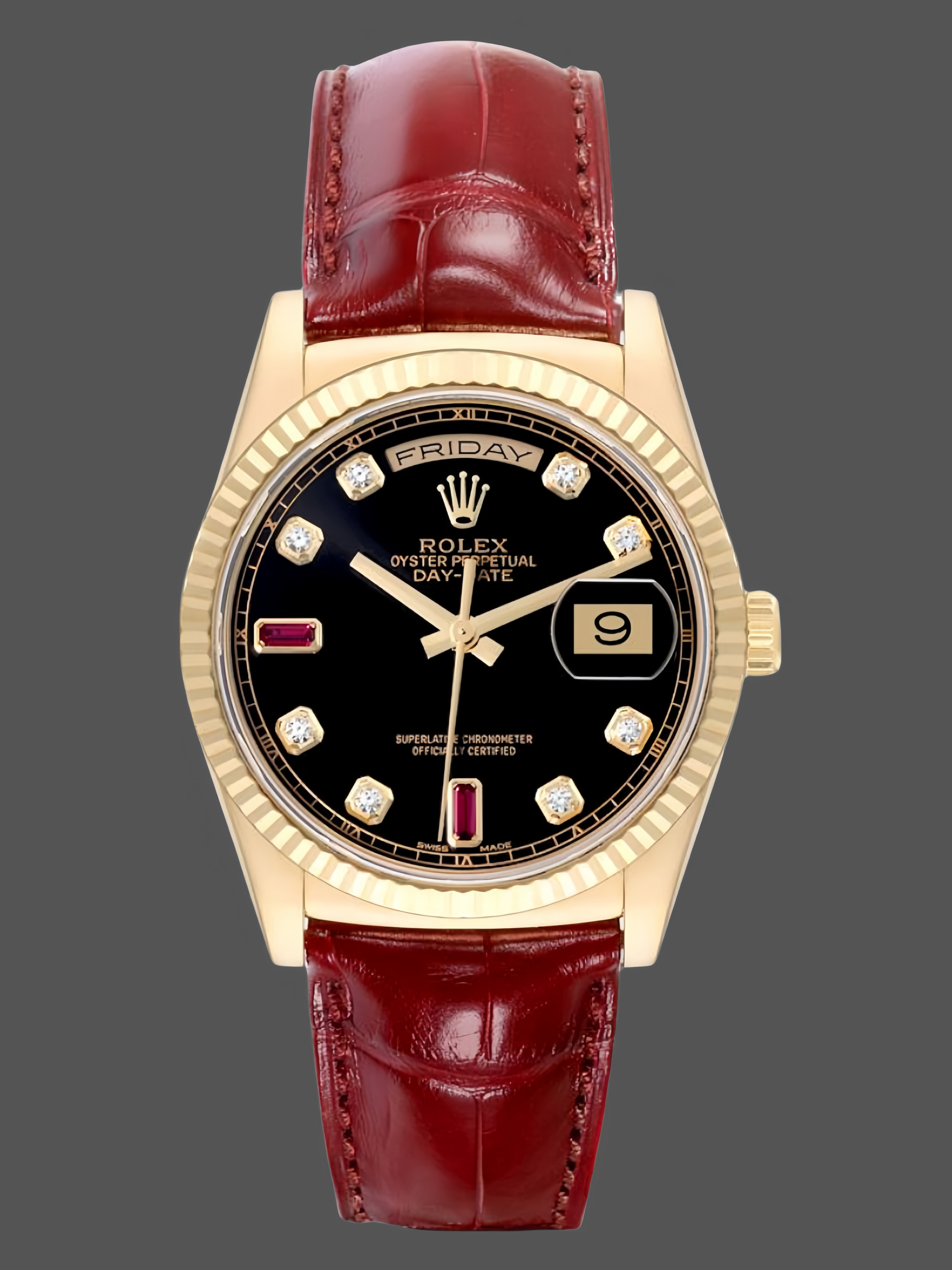 0BA21FC8-ED57-8581-CDC6-576D3FC10889 Rolex Day Date 118138 0020 Yellow Gold Diamond Ruby 36 mm - Image 1