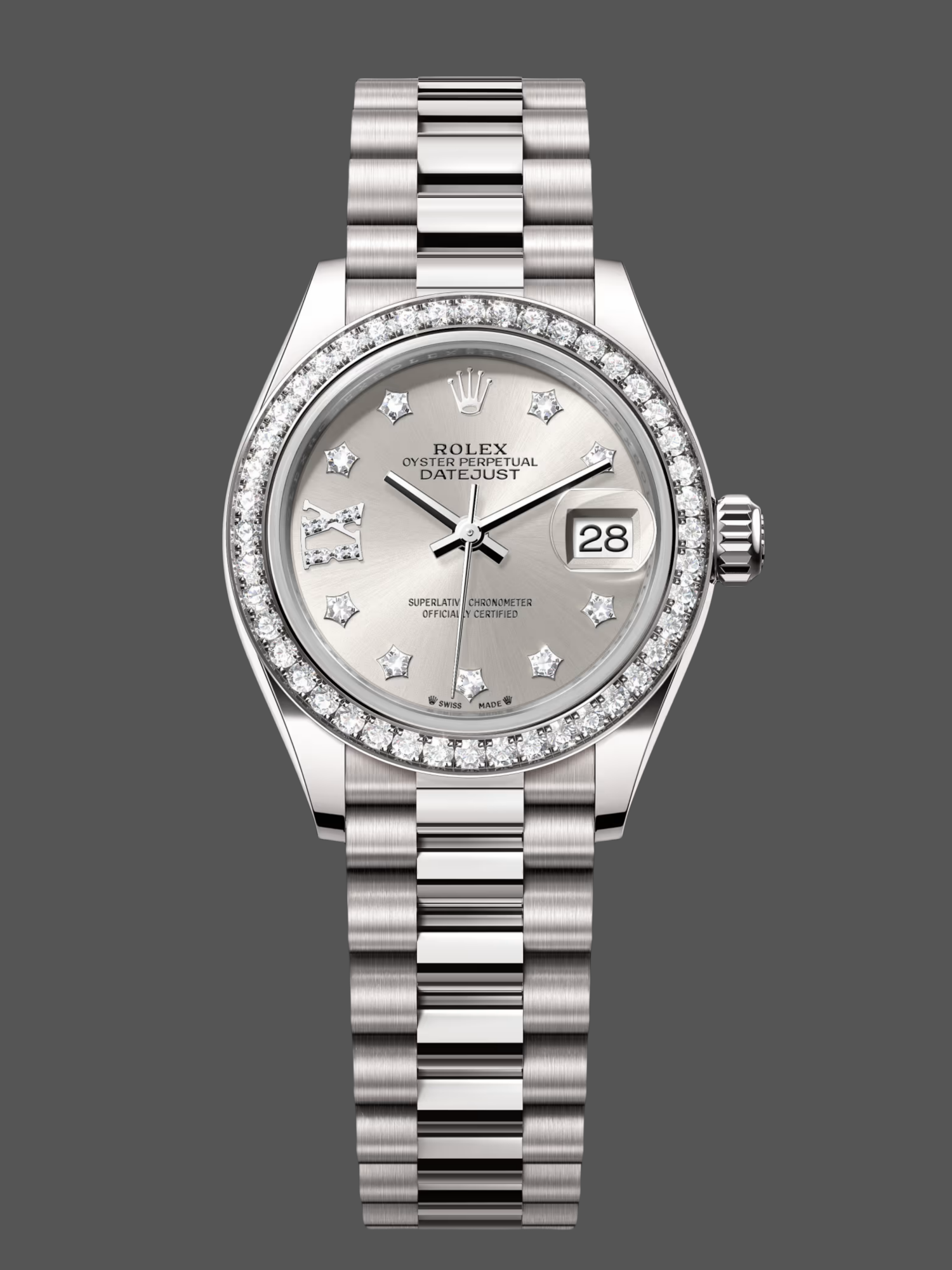 0BDA6C60-F1C3-521D-8FCC-6EE87A9F9E99 Rolex Datejust 28mm White Gold Silver Diamond President 279139rbr 0003 Women's Watch - Image 1