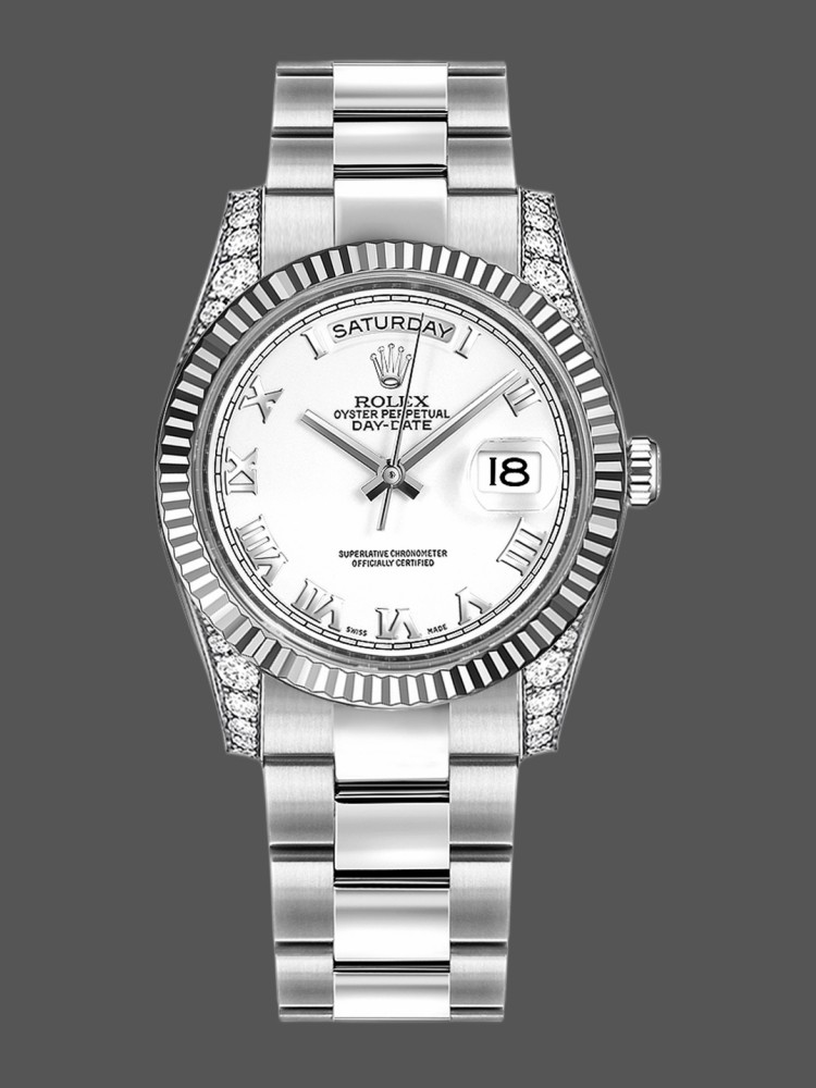 0E99B00A-E501-3C9A-46AB-9B847F6B0999 Rolex Day Date 118339 White Gold white Dial Fluted Bezel 36mm Unisex Replica Watch - Image 1