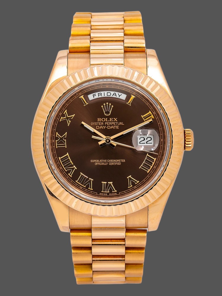 102E45D0-48AA-F601-29EC-6E6C2615D40C Rolex Day-Date 218235 Chocolate Brown Dial Rose Gold 41MM Mens Replica Watch - Image 1