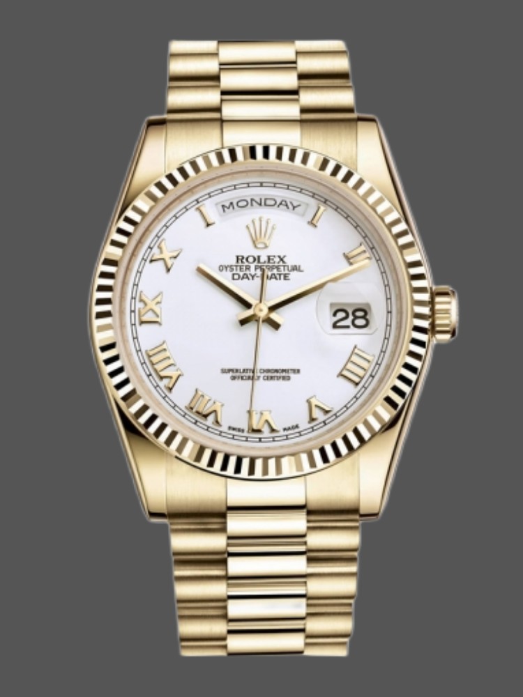 112E5807-FF4F-01F2-B6A8-AB5DD4DDFBB5 Rolex Day-Date 118238 Yellow Gold White dial Fluted Bezel 36mm Unisex Replica Watch - Image 1