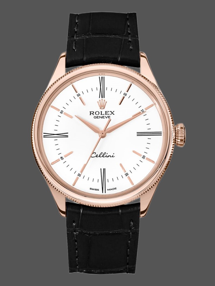 12A80B77-5AC9-8683-2E8D-2717D6469510 Rolex Cellini Time 50505 Black Leather Strap White Dial 39mm Mens Replica Watch - Image 1