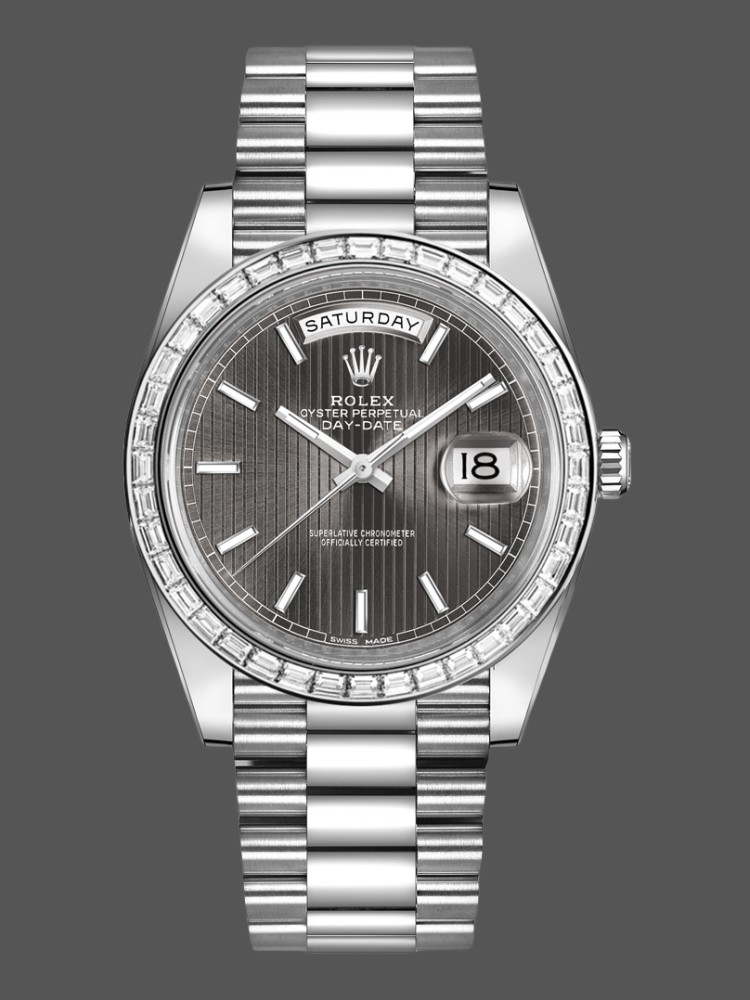13FB2B13-6C41-3178-23D1-202BB7F581E7 Rolex Day-Date 228396TBR Dark Rhodium Grey Dial Diamond Bezel 40mm Mens Replica Watch - Image 1