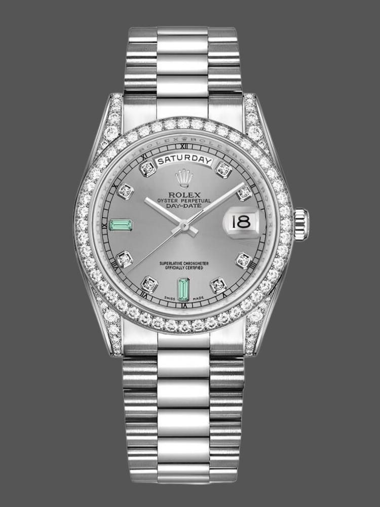 183DA383-F8F2-E74D-28A9-3688639EA612 Rolex Day-Date 118389 White Gold Silver Dial 36MM Unisex Replica Watch - Image 1