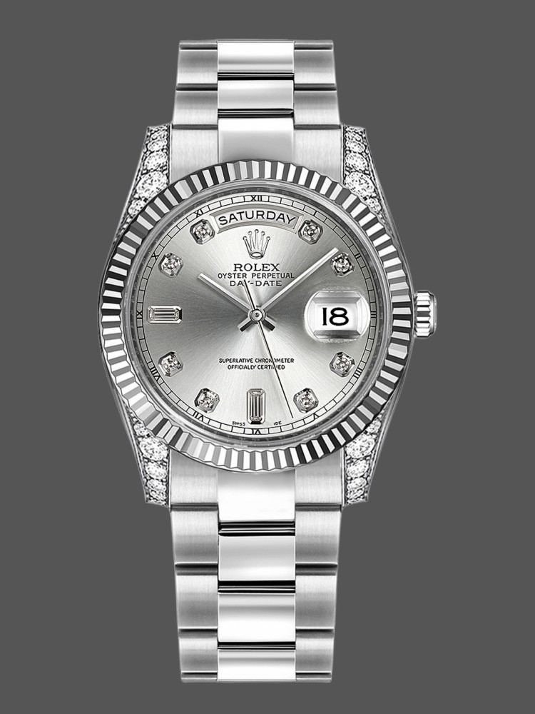18EABFF8-9A32-876E-4E94-4ECCBD1D403E Rolex Day Date 118339 Silver Dial Fluted Bezel 36mm Unisex Replica Watch - Image 1