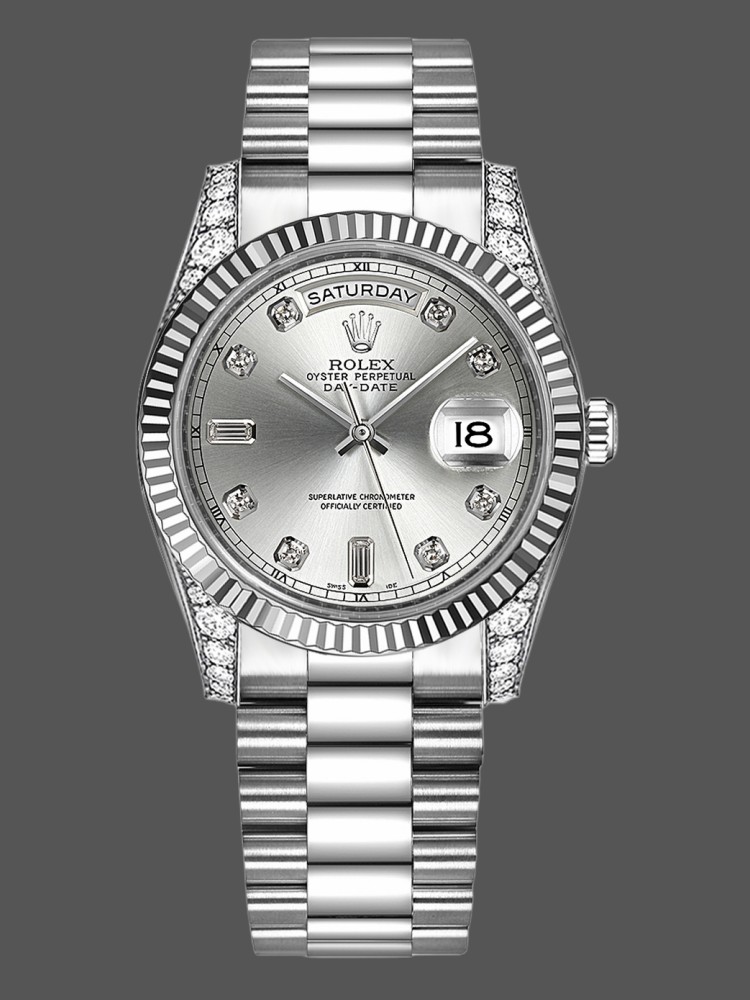 19549757-542D-91FB-81C3-82ADFD681A26 Rolex Day Date 118339 White Gold Silver Dial Fluted Bezel 36mm Unisex Replica Watch - Image 1