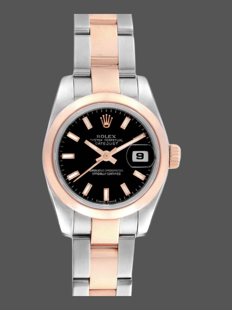 1AC69DF7-A17D-1DB8-902F-6FC00BDF5F35 Rolex Datejust 179161 Stainless Steel and Everose Gold Black Index Dial 26MM Lady Replica Watch - Image 1
