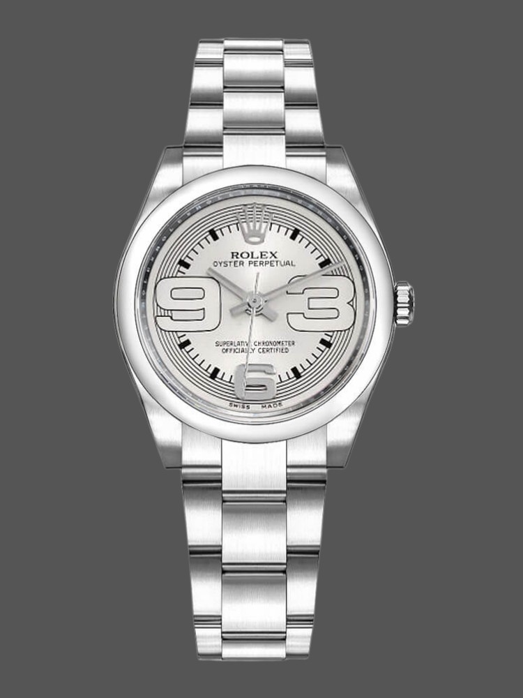 1B698554-7B71-4C60-3F81-3A177F52C85D Rolex Oyster Perpetual 177200 Silver Maxi Arabic Dial 31mm Lady Replica Watch - Image 1