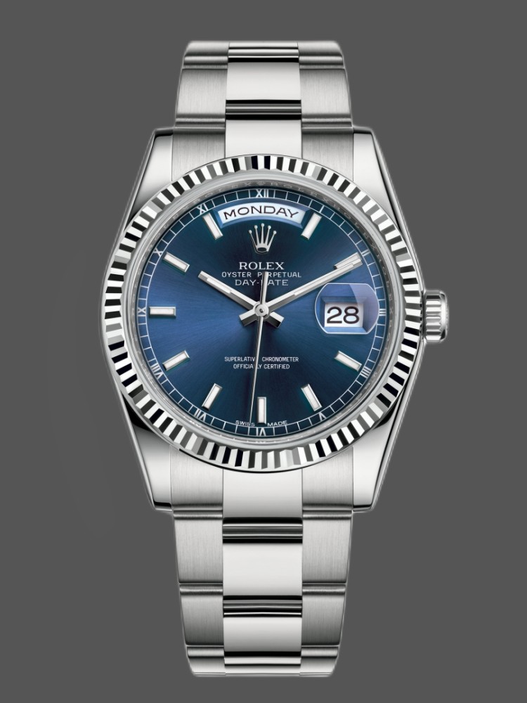 1E11FB16-FB52-73D7-A660-FF3828B44555 Rolex Day-Date 118239 White Gold Blue Dial Fluted Bezel 36mm Unisex Replica Watch - Image 1
