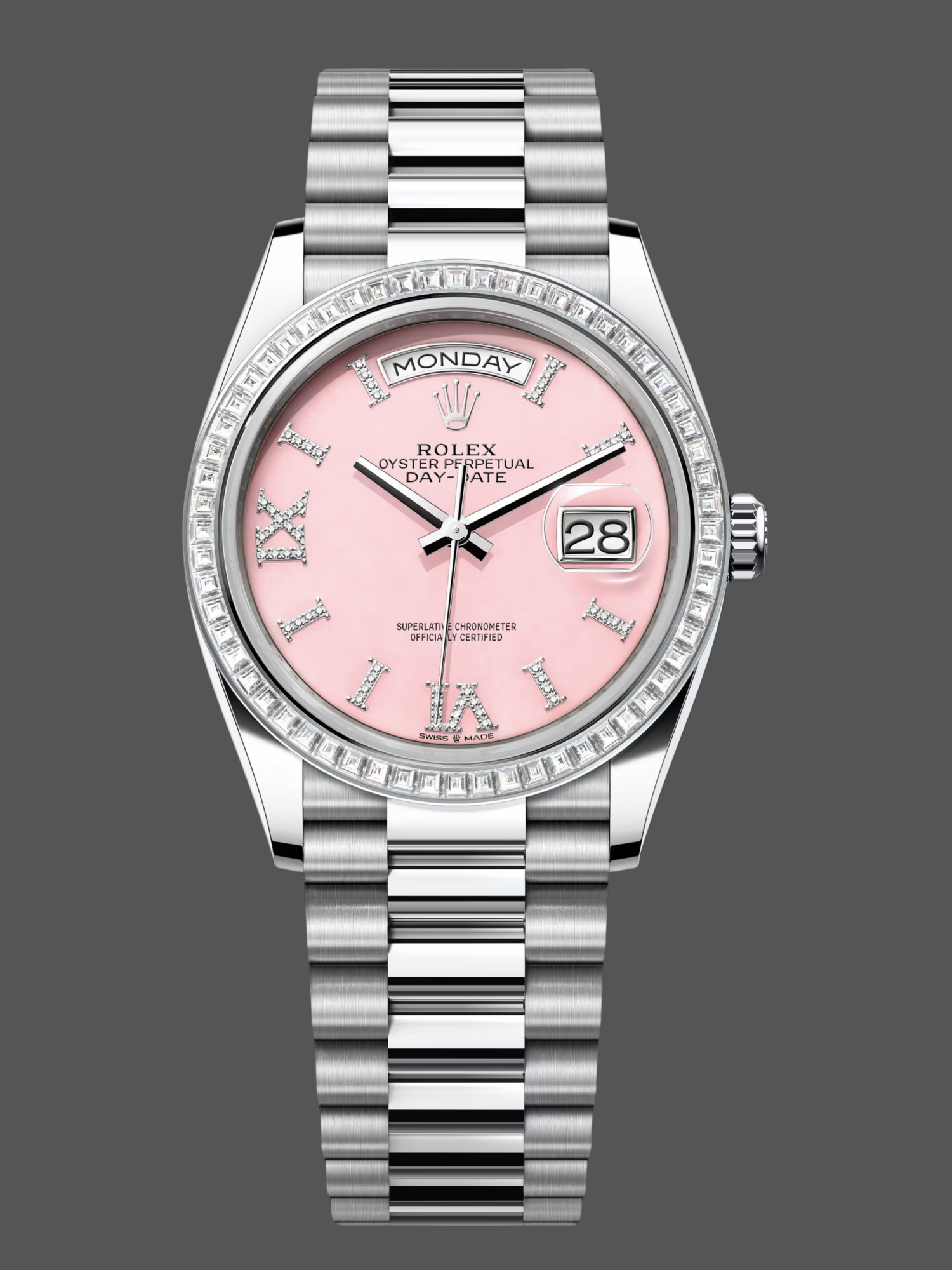 1EC1DB6B-A6FC-7E7D-E9DB-8A9D41EEA72F Rolex Day Date 36 Platinum Pink Opal Diamond-Set Roman Dial Diamond Bezel m128396tbr 0009 - Image 1