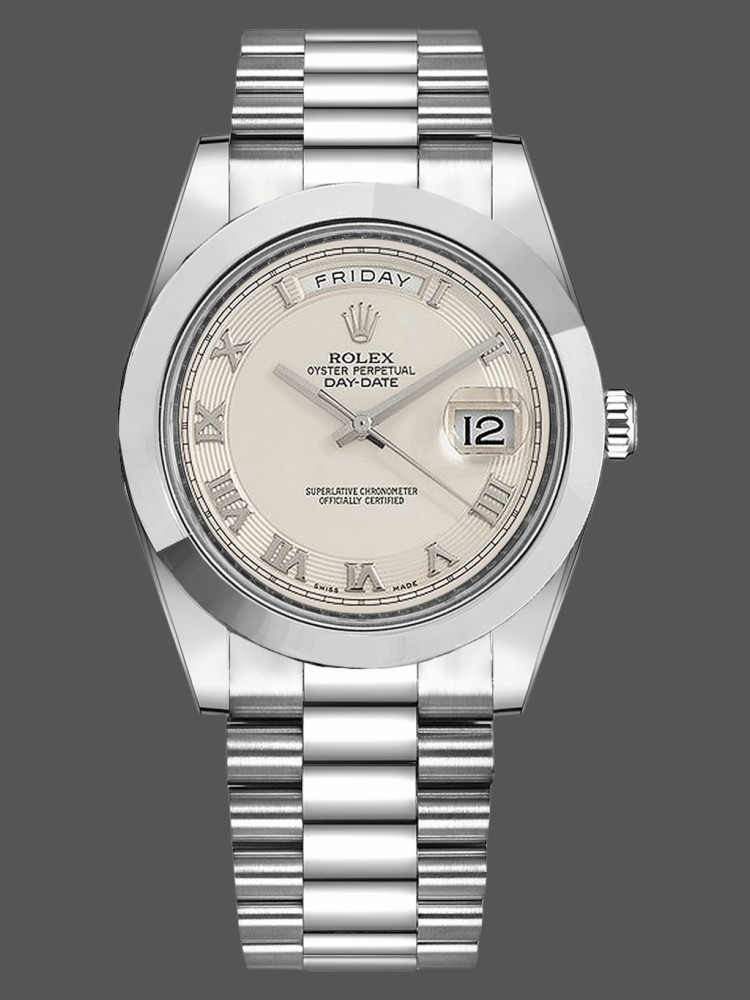 21532547-D33D-7C6B-C697-88E36B8F4ECF Rolex Day-Date 218206 Concentric Circle Ivory Roman Numeral Dial Platinum 41MM Mens Replica Watch - Image 1