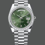 Rolex Day Date 40 Platinum Olive Green Dial Diamond Bezel M228396TBR 0020 Replica Watch