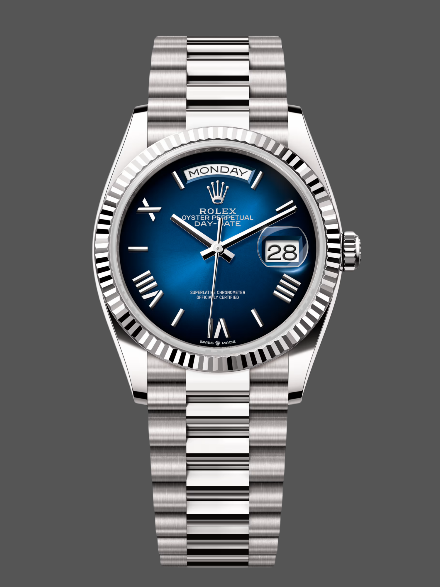 23ADBD1B-EAA0-99E6-F2D1-C8637C49EC17 Rolex Day Date 36 White Gold Blue Ombre Dial M128236 0020 - Image 1