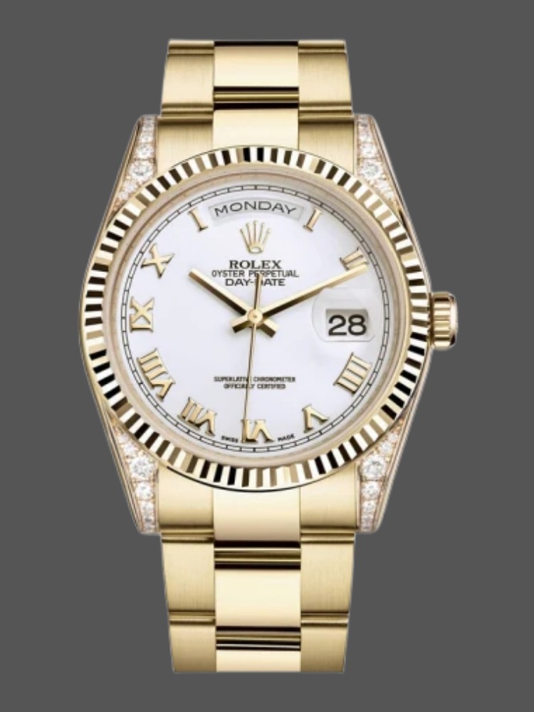262AE64A-E264-62C8-840A-76361170B87B Rolex Day-Date 118338 White Roman Dial 36mm Unisex Replica Watch - Image 1