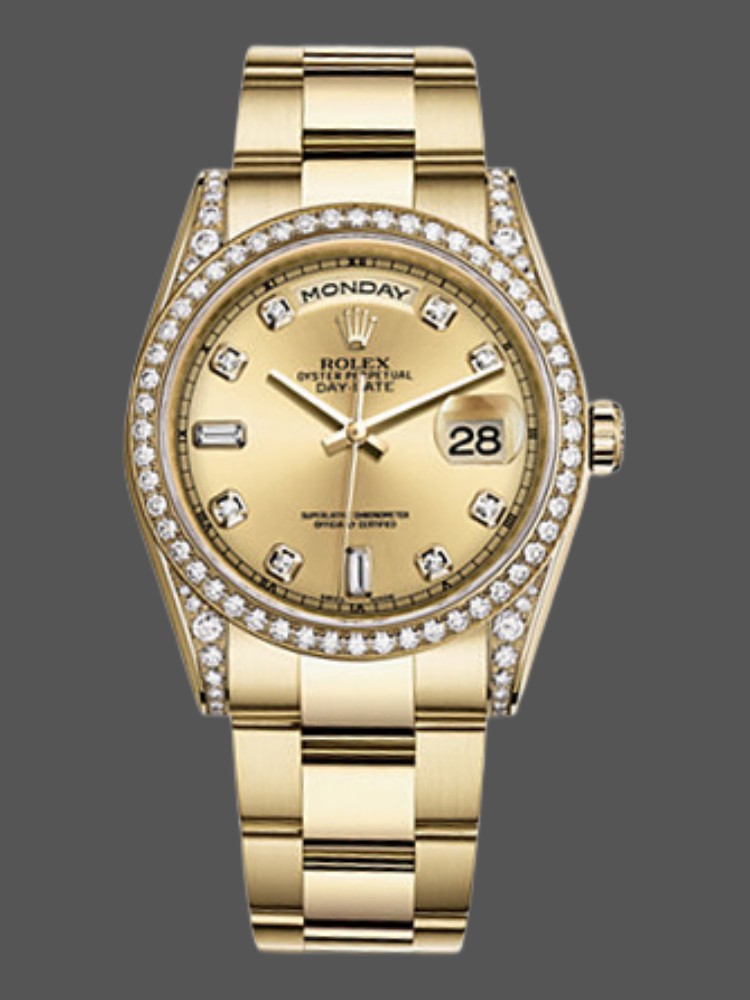 27203E2C-C4B6-66D8-0010-AEC2014B2B06 Rolex Day-Date 118388 Diamond Bezel Champagne Dial 36MM Unisex Replica Watch - Image 1
