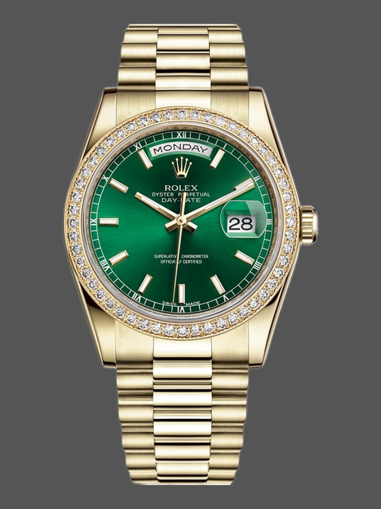 27ECB079-AE7C-7CD6-3E18-80B11C32B6D2 Rolex Day Date 118348 Green Index Dial Yellow Gold 36mm Unisex Replica Watch - Image 1