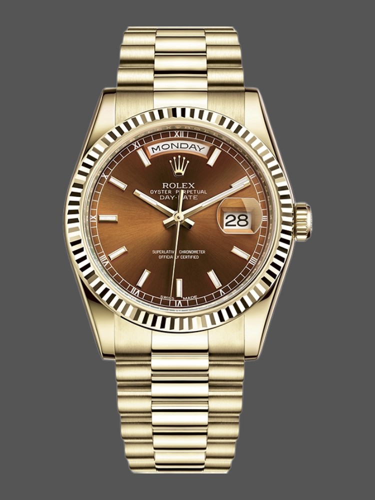 299387DF-FBB6-96E8-875A-99880035A7FE Rolex Day-Date 118238 Yellow Gold Index Cognac Dial 36mm Unisex Replica Watch - Image 1