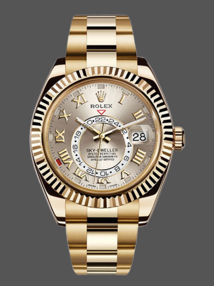2AF96B67-9707-ADD5-B9C7-DE145BFC3CF1 Rolex Sky-Dweller 326938 Yellow Gold Silver Dial 42mm Mens Replica Watch - Image 1