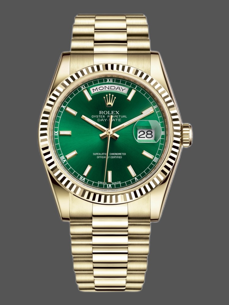 2C6EFEE1-FCCB-C56D-86E2-7E3FCF862455 Rolex Day-Date 118238 Yellow Gold Fluted Bezel Green Dial 36mm Unisex Replica Watch - Image 1