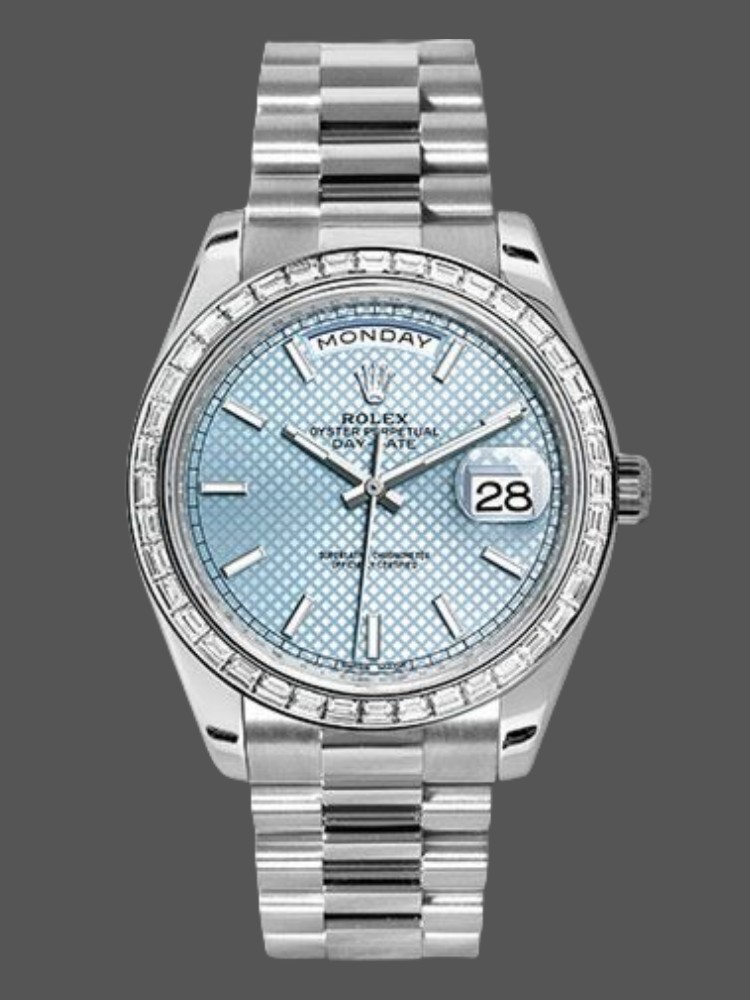 317D4957-5CB4-3DE0-1C28-4B808F260EF6 Rolex Day-Date 228396TBR Ice Blue Diagonal Motif Dial Diamond Bezel 40mm Mens Replica Watch - Image 1