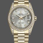 Rolex Day-Date 118388 Yellow Gold Silver Diamond Dial 36MM Unisex Replica Watch