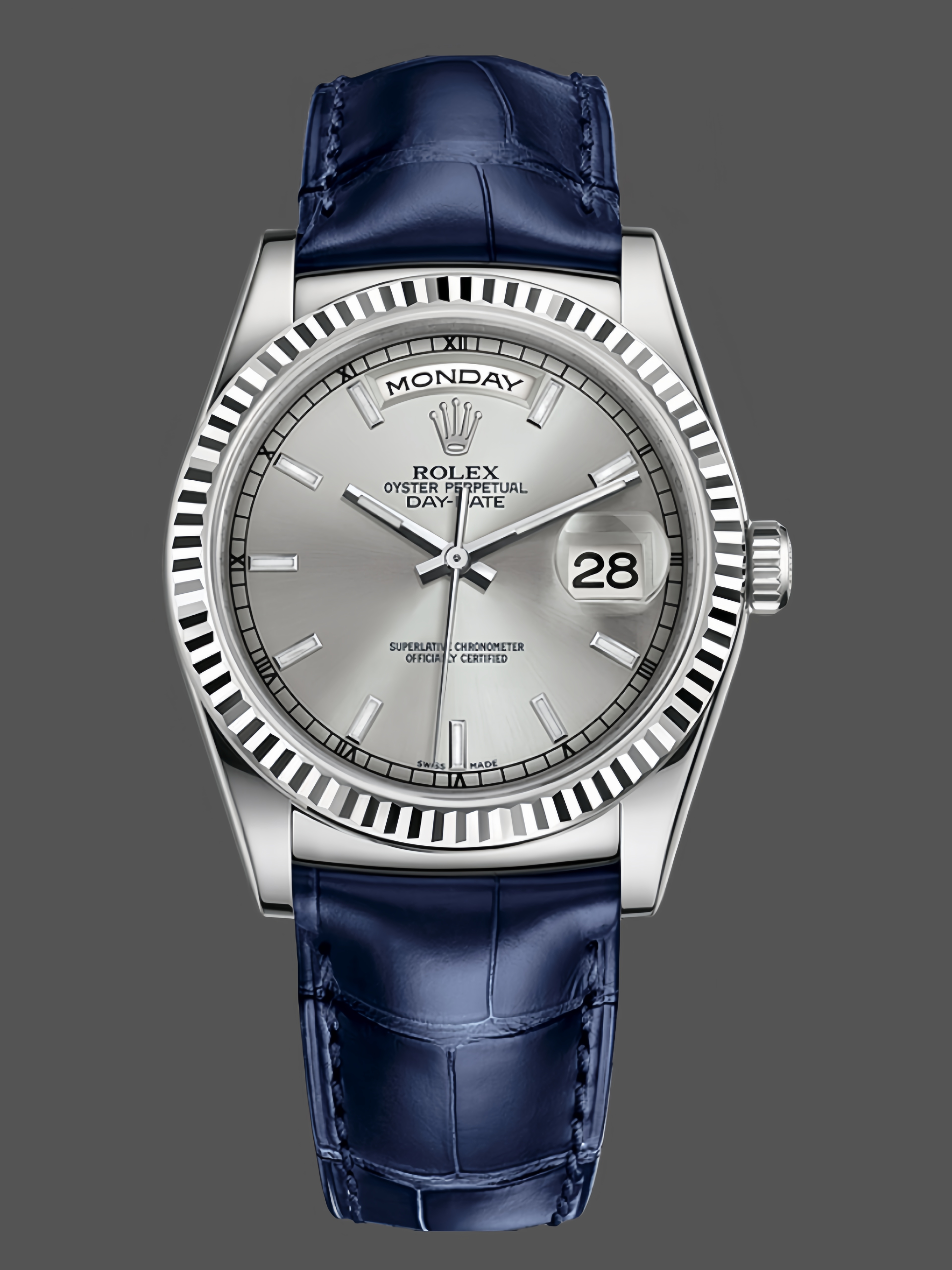 37CEB7B4-2987-1FE7-F452-E87665EB766D Rolex Day Date 36 White Gold Silver Dial 118139 0097 Blue Leather Strap - Image 1