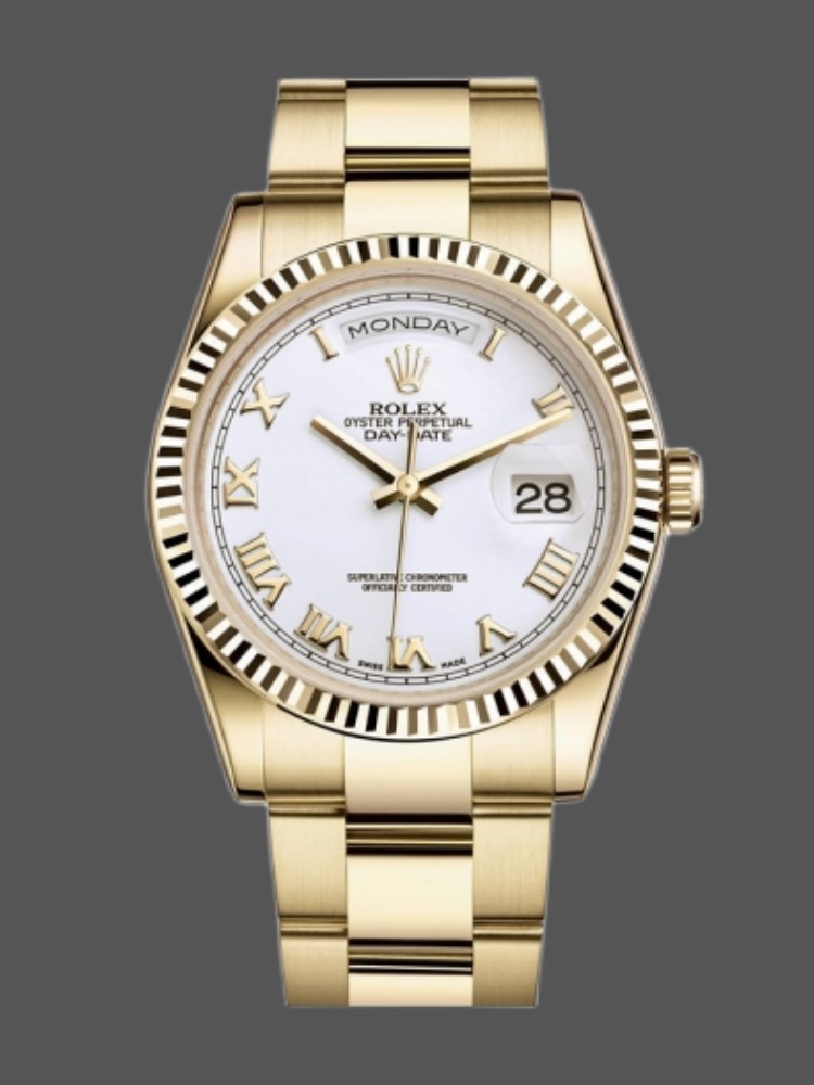 397AD33A-5AB8-B888-D1E6-74B2ADD31D06 Rolex Day-Date 118238 White Roman numeral dial 36mm Unisex Replica Watch - Image 1