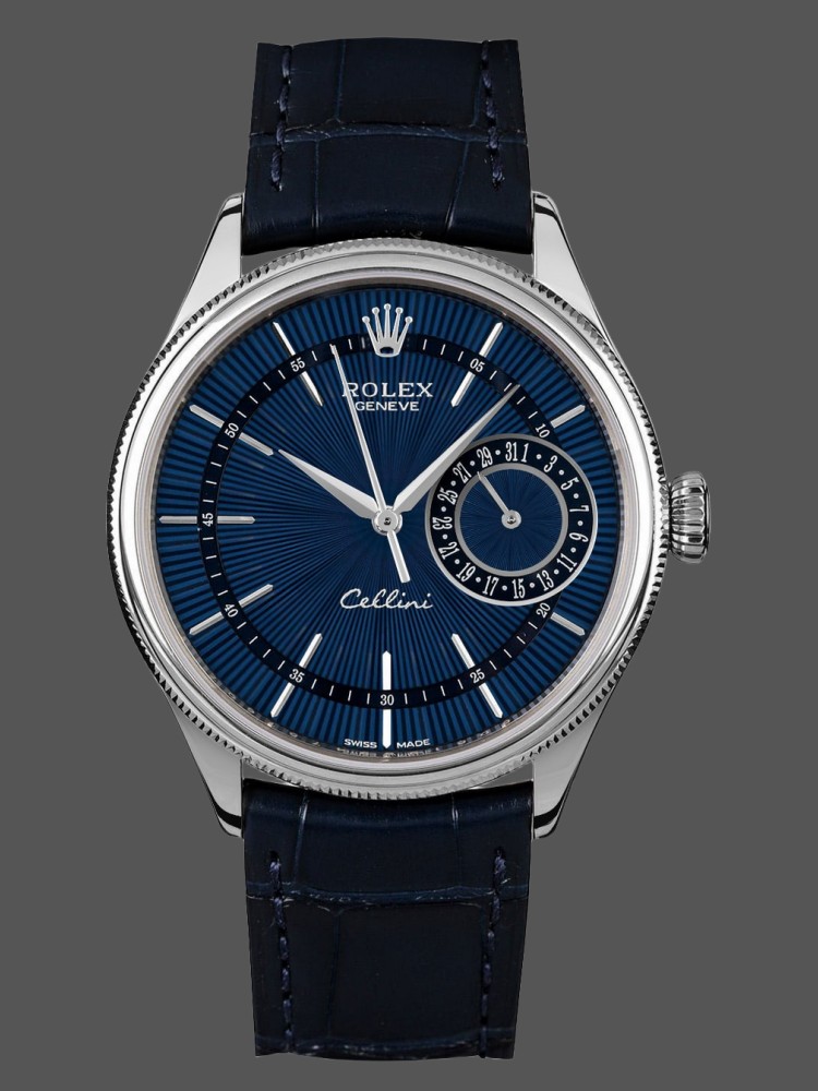 3A5B31B5-2CAA-B809-336D-EFF6A5DBD7C9 Rolex Cellini Date 50519 Blue Dial Blue Leather Strap 39MM Mens Replica Watch - Image 1
