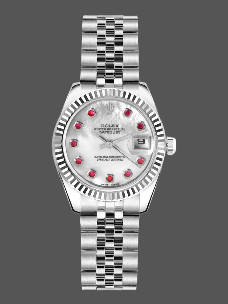 3B88CB2A-0472-5941-6DDC-C779F972AB7D Rolex Datejust 179174 Mother of Pearl White Dial Fluted Bezel 26MM Lady Replica Watch - Image 1