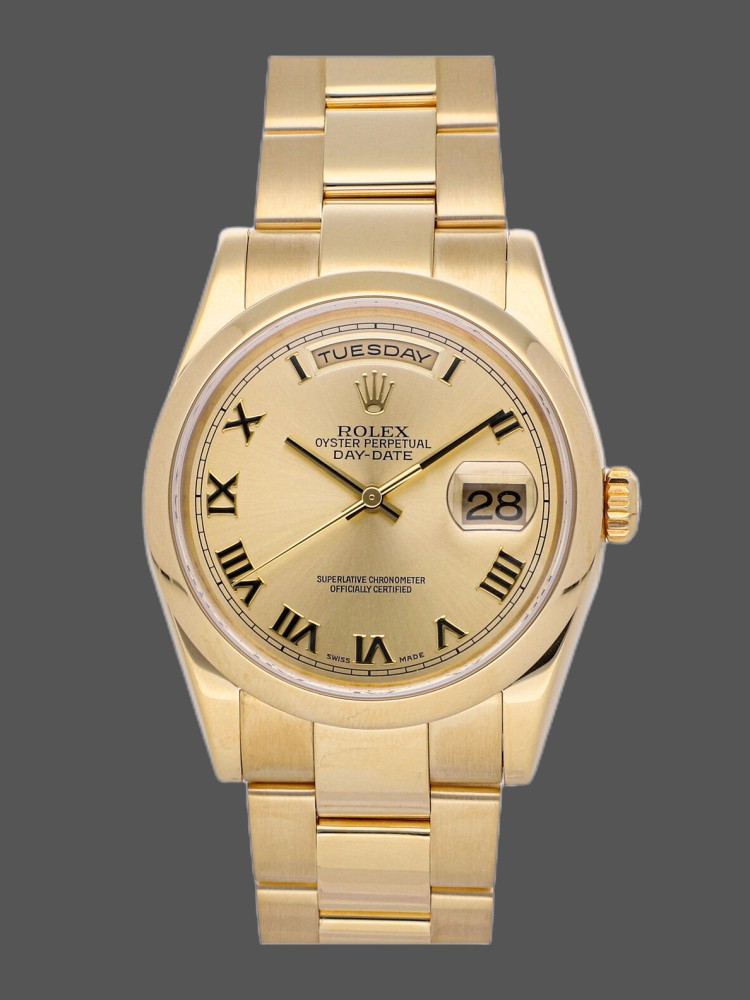 3C57CED0-8D38-8DDA-21A6-6E81470BD31E Rolex Day-Date 118208 Yellow Gold Champagne Dial Roman Numerals 36mm Unisex Replica Watch - Image 1