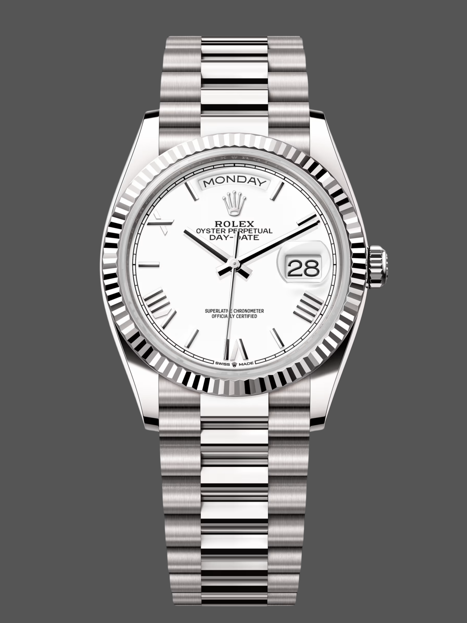 3D9B5171-1DC1-887A-3EC3-287D380BBAEC Rolex Day Date 36 White Dial Fluted Bezel White Gold m128239 0059 President Watch - Image 1