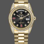 Rolex Day-Date 118388 Yellow Gold Black Diamond Rubies Dial 36mm Unisex Replica Watch