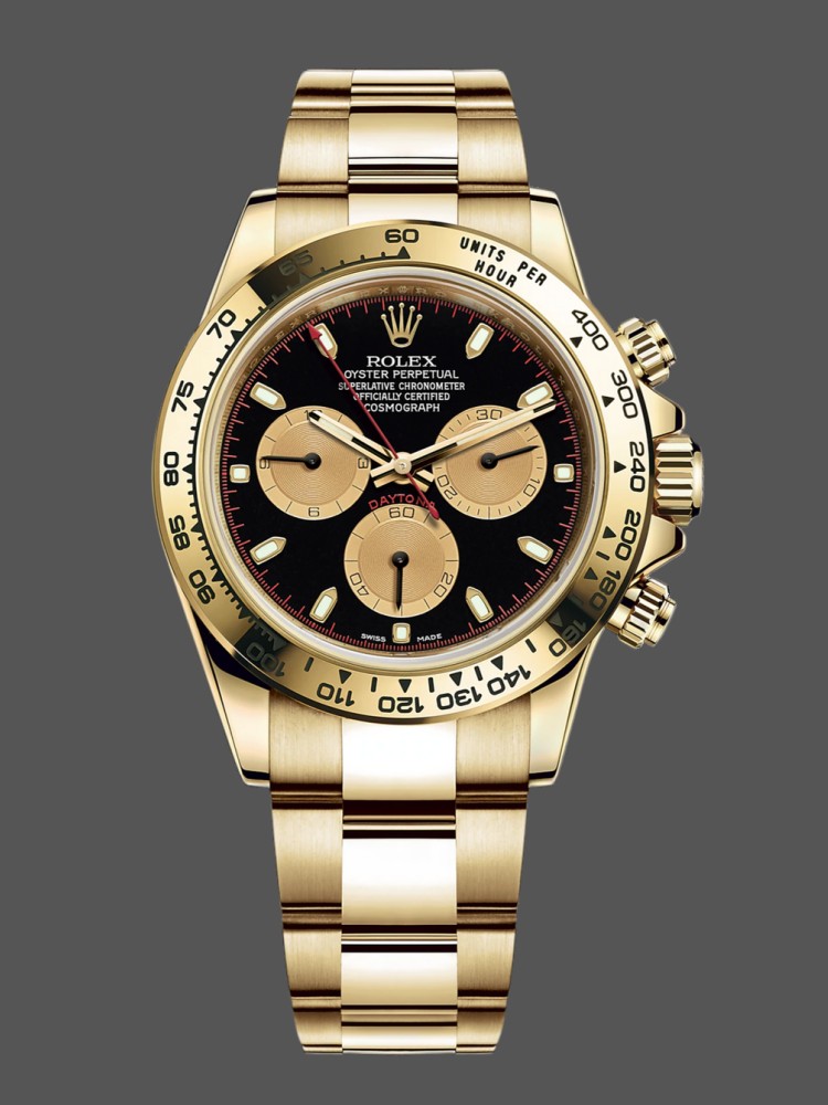 3ED7FF92-F765-C270-A245-8BD308322109 Rolex Daytona 116528 Yellow Gold Black Paul Newman Dial 40mm Mens Replica Watch - Image 1