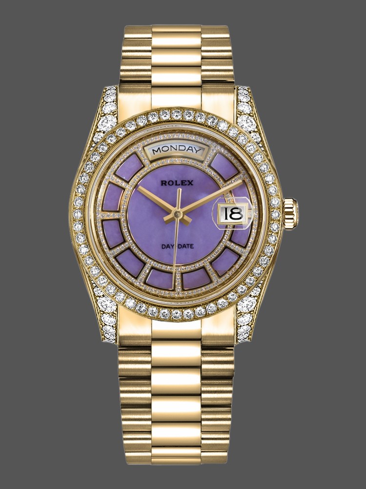 3EE065AE-9159-BE84-BFC7-47B42628CEE9 Rolex Day-Date 118388 Yellow Gold Lavender Purple Dial 36MM Unisex Replica Watch - Image 1