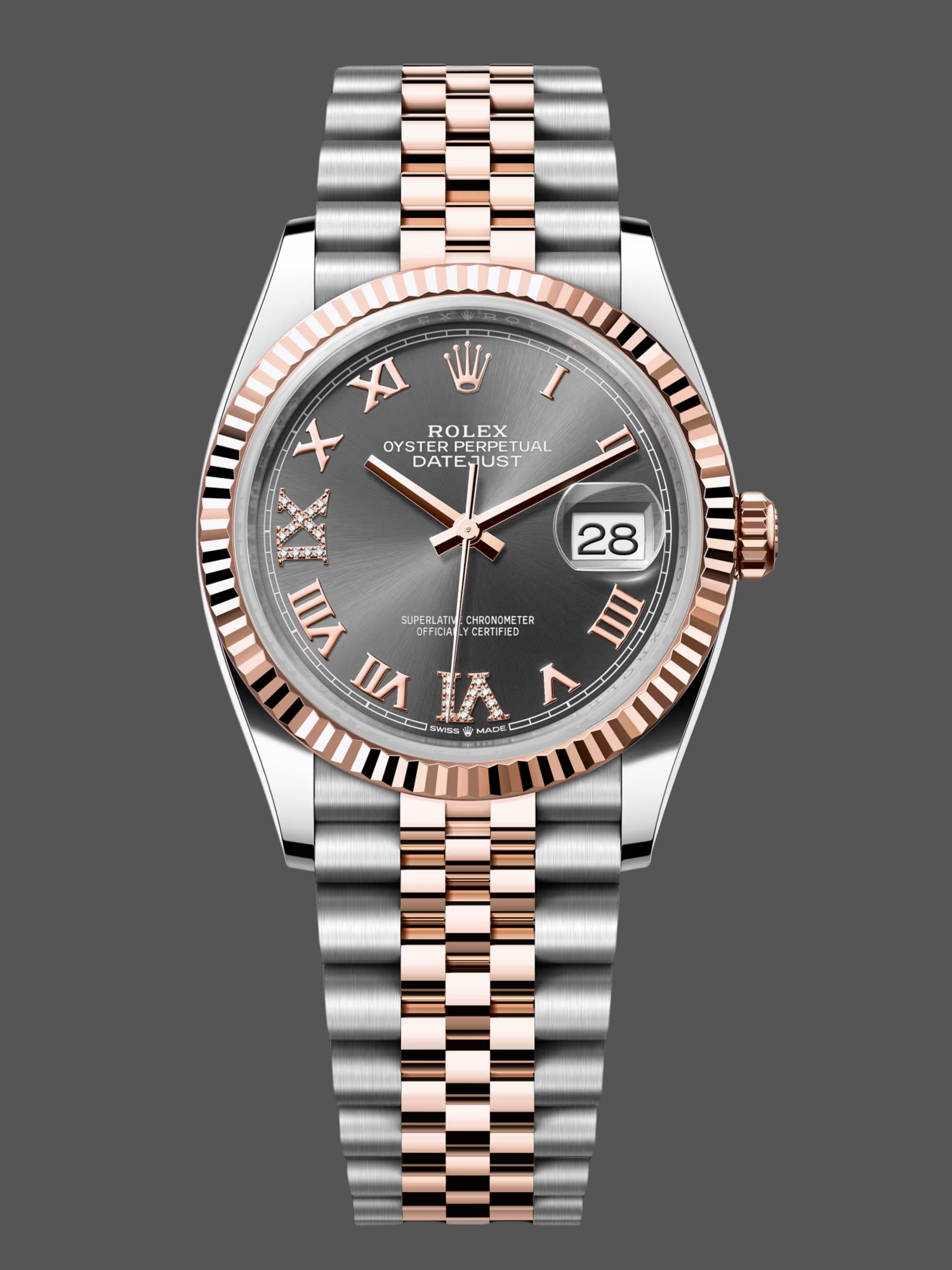 3F401382-4A5A-0960-9876-999965FA9312 Rolex Datejust 36 Everose Gold Slate Diamond Pave Roman Dial m126231 0023 Women's Watch - Image 1