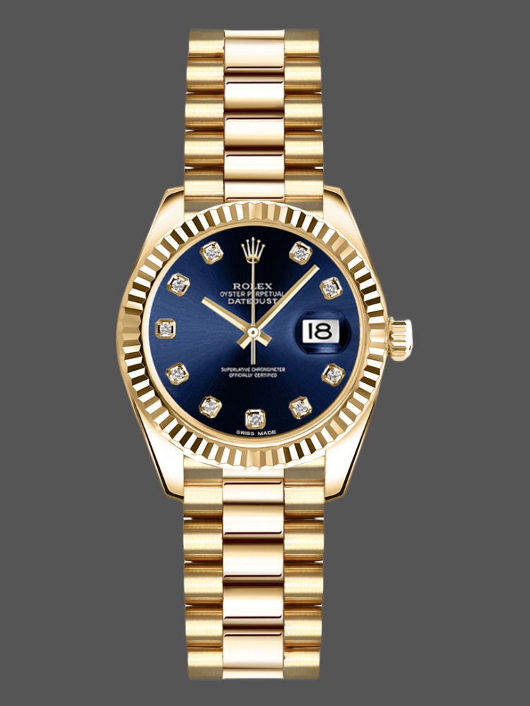 3F5307AB-3A71-3889-98F3-7E909B11F9FE Rolex Datejust 179178 Blue Diamonds Dial Yellow Gold 26MM Lady Replica Watch - Image 1