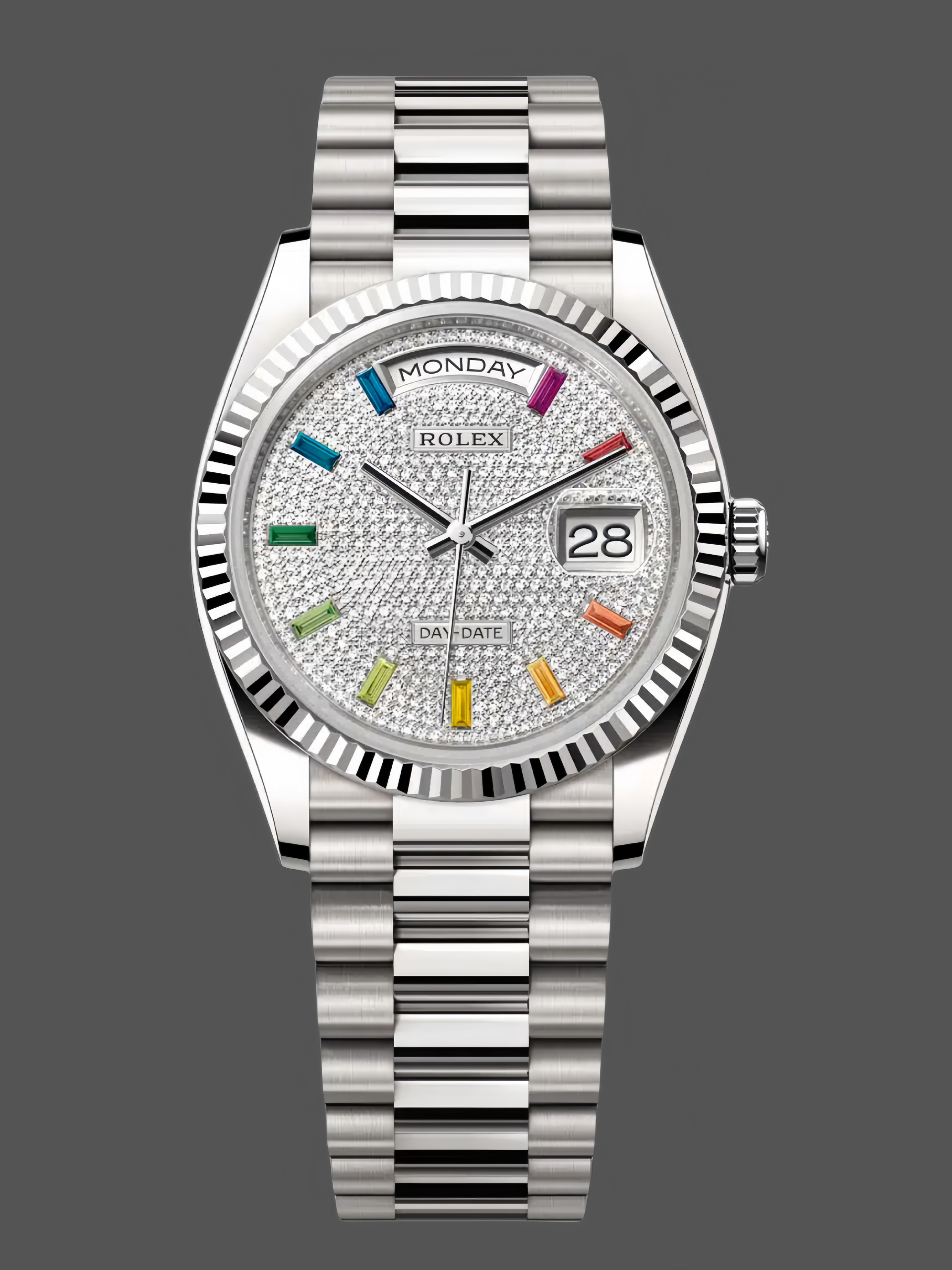 40B83A09-A2EB-F94D-06F4-9BA0C2927061 Rolex Day Date 36mm White Gold 128239 0016 Pave Rainbow Diamond Dial - Image 1