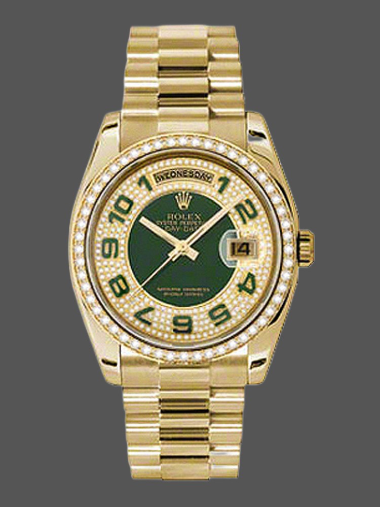 435BC3A5-532D-EA41-1A33-7948BADF14E1 Rolex Day Date 118348 Green Diamond Dial Yellow Gold 36mm Unisex Replica Watch - Image 1