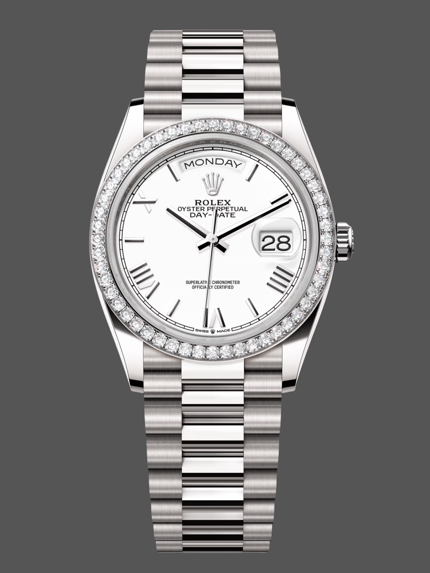44A9CBC6-E201-61D4-6CB0-35A3020A7A4D Rolex Day Date 36 White Gold Diamond Bezel White Dial m128399tbr 0019 - Image 1