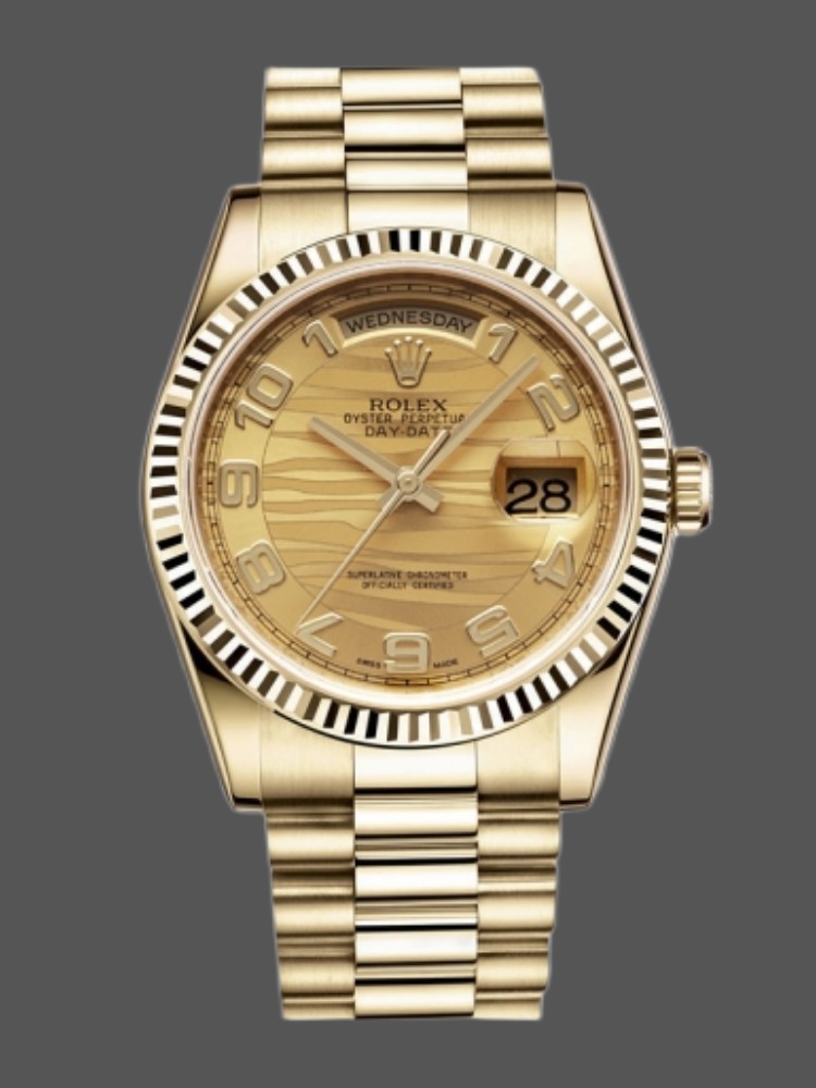 451C95F4-A410-0C38-84DA-13170ADD9456 Rolex Day-Date 118238 Arabic Numeral Wave Champagne Dial Yellow gold 36mm Unisex Replica Watch - Image 1