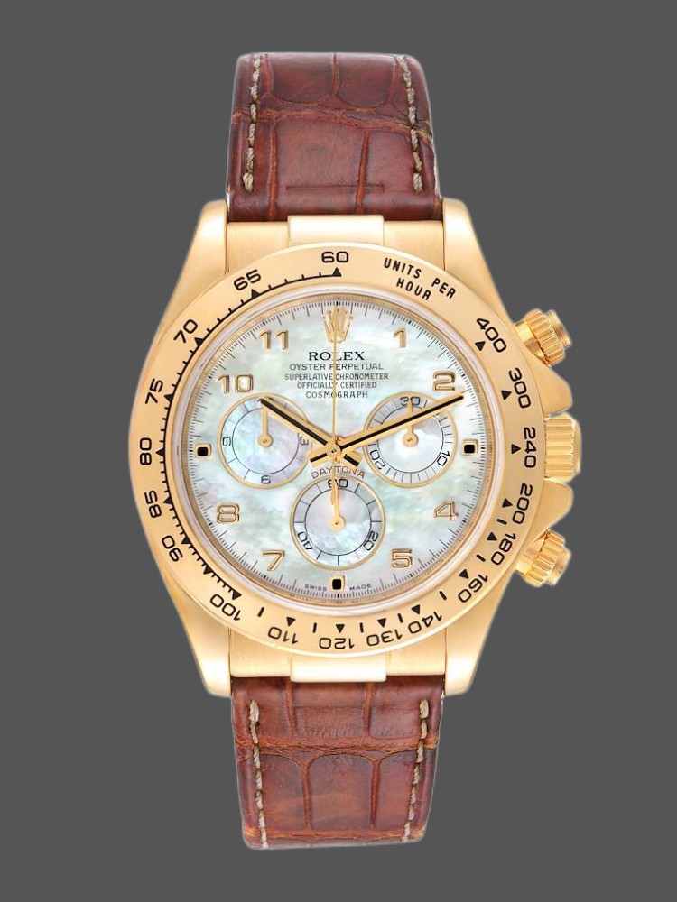 467A5A26-77E9-A807-74CB-97D56457B25D Rolex Daytona 116518 Yellow Gold MOP Dial Brown Strap 40mm Mens Replica Watch - Image 1