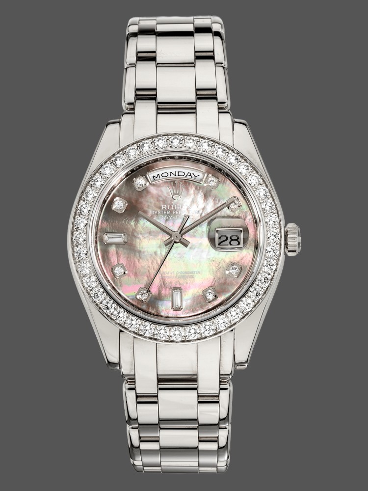 4903EBBA-46E8-D94B-FEC6-96A2C3B9A6CA Rolex Day-Date 18946 Dark MOP Black Diamonds Dial Special Edition 39MM Mens Replica Watch - Image 1