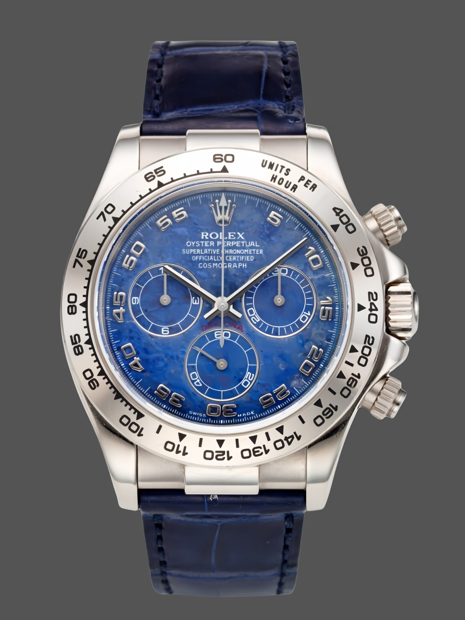 4946619D-DCA3-585E-6977-560BA4159F02 Rolex Daytona 116519 Sodalite Arabic Dial Blue Alligator Leather 40mm Mens Replica Watch - Image 1