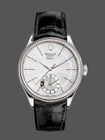 Rolex Cellini Dual Time 50529 Silver Sunburst Dial Brown Leather Strap 39mm Mens Replica Watch