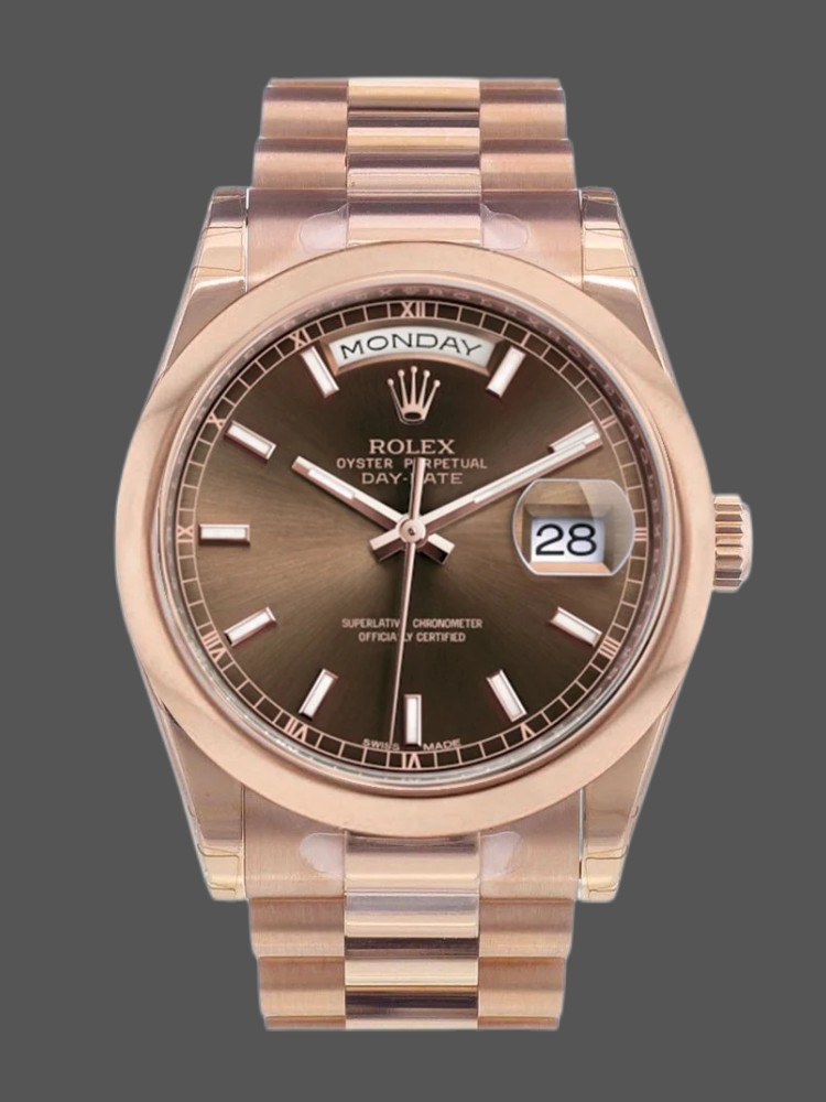 4C111D7F-2C2F-5909-2E49-D347433B1F14 Rolex Day-Date 118205 Rose Gold Chocolate Dial 36mm Unisex Replica Watch - Image 1