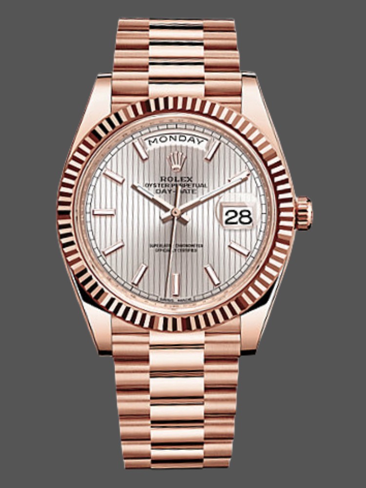4D6C1134-DB99-28BF-EEE5-862B0D57CCDF Rolex Day-Date 228235 Sundust Stripe Motif Dial Fluted Bezel 40mm Mens Replica Watch - Image 1