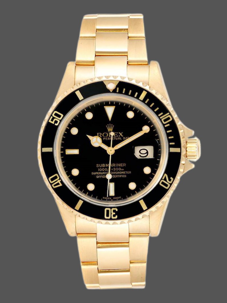 52934469-6FCD-68C6-A631-E95B5484F6AB Rolex Submariner 16618 Yellow Gold Black Dial 40mm Mens Replica Watch - Image 1